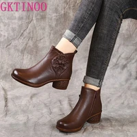 gktinoo spring autumn women boots genuine leather thick heels ankle boots for women shoes retro flower zipper short boots