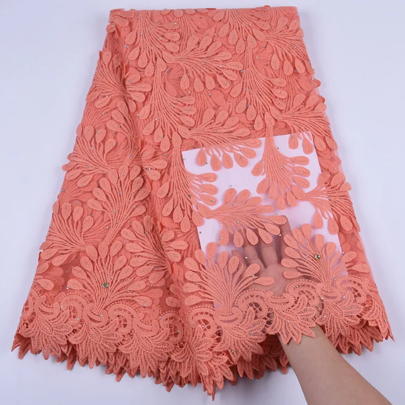 Персиковая молочная шелковая нигерийская кружевная ткань с аппликацией