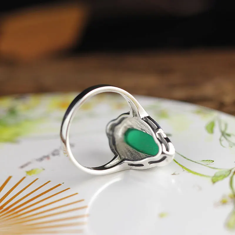 

S925 Sterling Silver Ornament Thai Silver Women's Green Chalcedony Ring