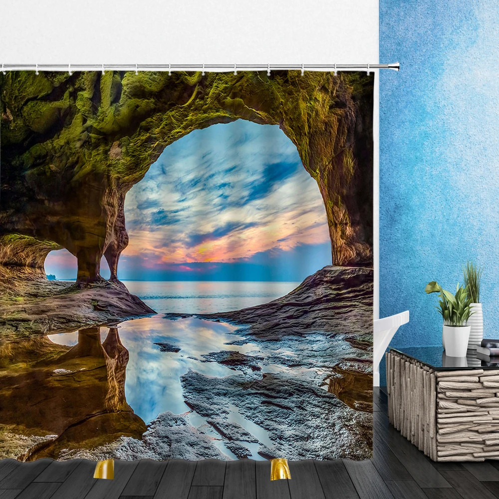 

Natural Scenery Shower Curtains Bamboo Waterfall Forest Green plants Waterproof Bathroom Decor Home Bathtub Polyester Curtain