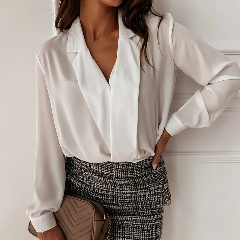 Весенне осенние женские блузки с длинным рукавом и v образным вырезом шифоновые