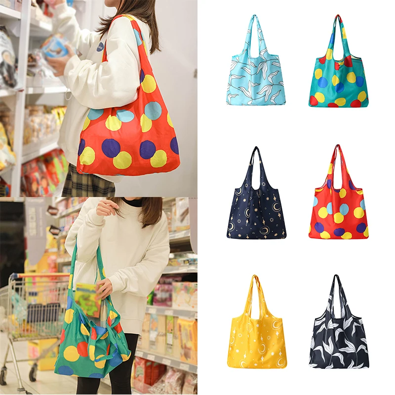 

Reusable Grocery Bag Folding Machine Washable Shopping Bag Colorful Lightweight Portable Shoulder Bag For Women Girls