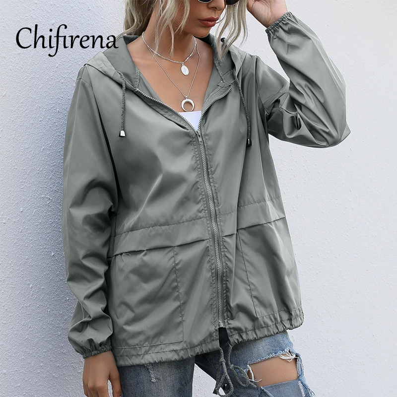 

Chifirena Casual Oversized Outdoor Coat Women Spring Autumn Casaco Feminin Drawstring Hooded Jacket Zippers Cardigan Jaquetas