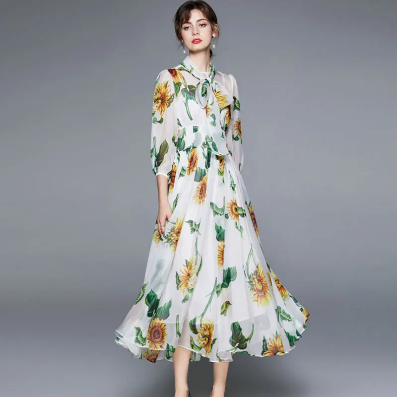 

New Chiffon Dress Women Summer 2021 Fashion Lacing Scarf Collar Elastic Waist Sunflower Print Loose Long Dress