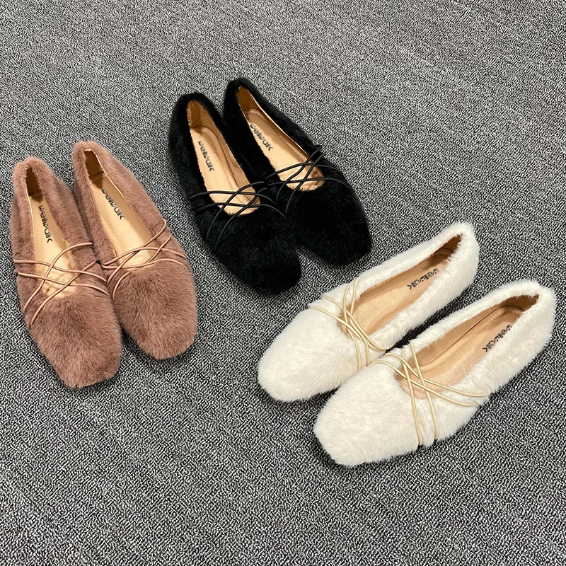 Меховая обувь на плоской подошве женские зимние балетки с эластичными полосками