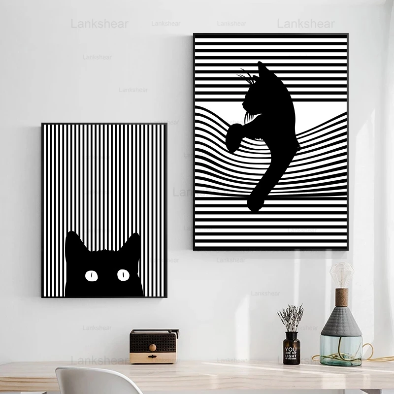 

Black White Cat Canvas Poster Abstract Line Wall Art Painting Nordic Posters and Prints Wall Pictures for Living Room Home Decor