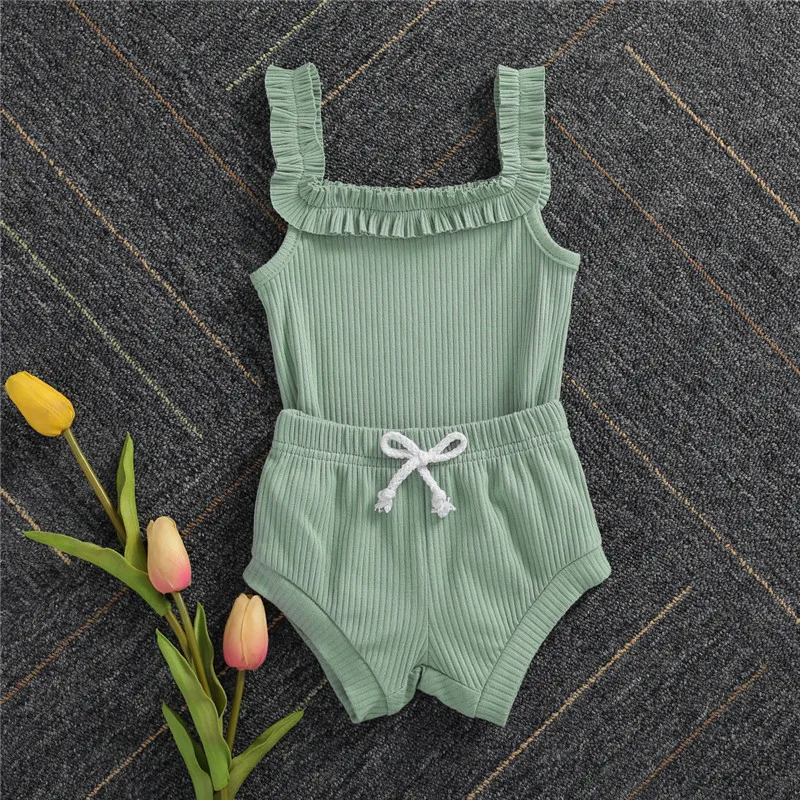 

Casual Baby Girls Ribbed Knitted Clothes Sets Solid Newborn Baby Boy Girl Summer Sleeveless Romper Top+Drawstrings Shorts 0-24M