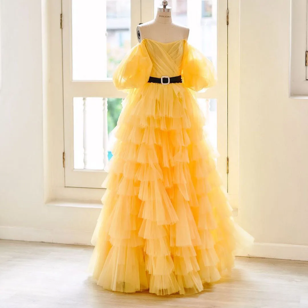 

Изысканное ярко-желтое платье для выпускного вечера с открытыми плечами, скромное женское платье с открытой спиной, многослойное Пышное ве...