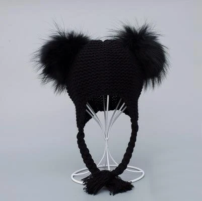 Детская шапка с меховым помпоном детская зимняя вязаная шапка-ушанка двумя