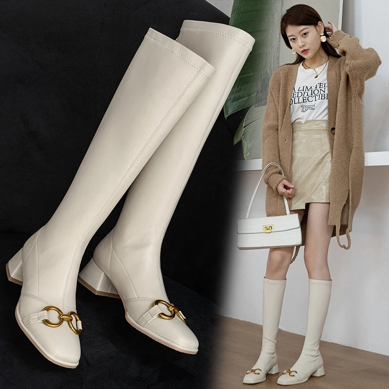 

New Stretch Knee High Boots Women Autumn Winter Muller Shoes Ladies Temperament Square Toe Comfy Thick Heeled Fashion Long Boots