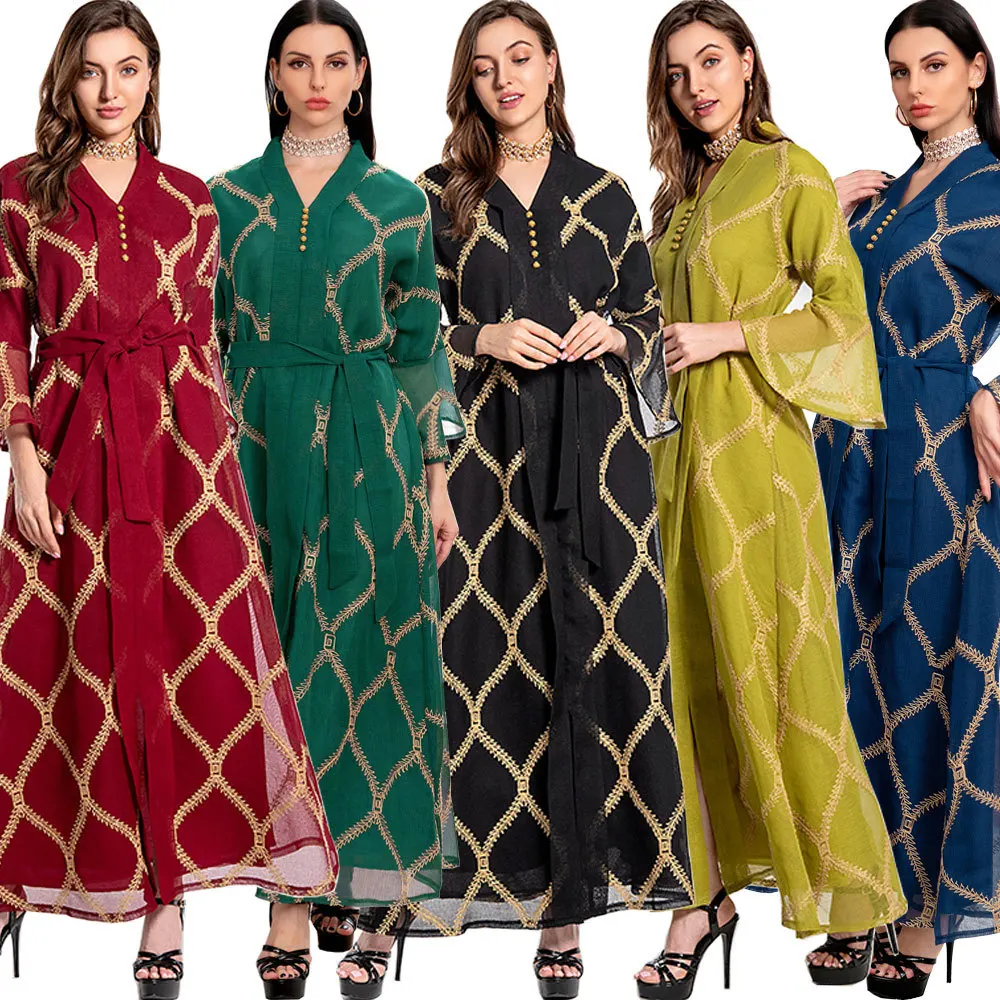 

Muslim Women Long Maxi Dress Middle East Muslim Women's Wear Embroidery Abaya Dubai Mesh Robe Djellaba Full Sleeve With Belt