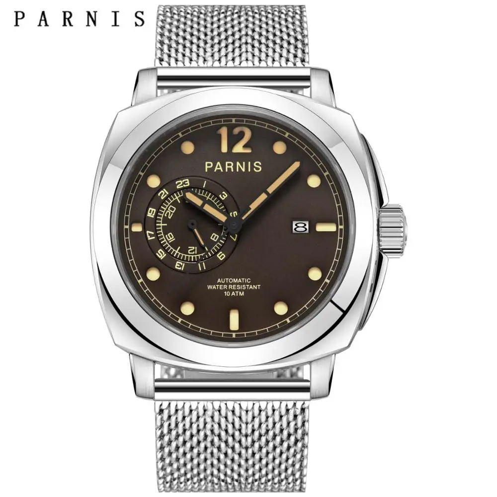 steel Parnis, 44 м, мужские часы s, автоматические механические светящиеся водонепроницаемые черные часы, мужские часы с календарем,, подарок для мужчин, relojes hombre - Цвет: steel