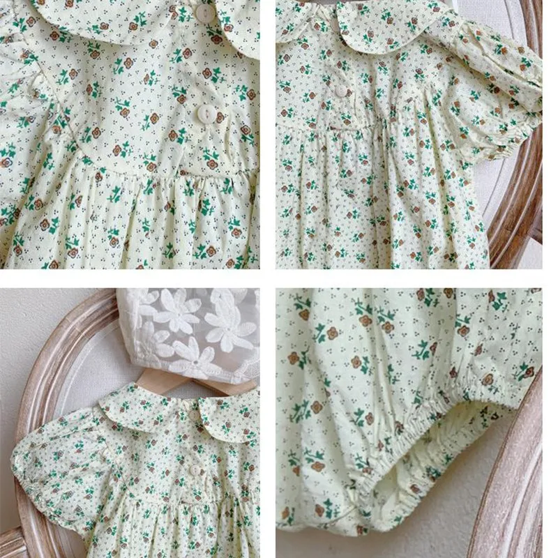 

2021 Korean Summer Baby Girls Romper+hat 2pcs Princess Floral Doll Collar Short Puff Sleeve Newborn Infant Lovely Clothes Outfit