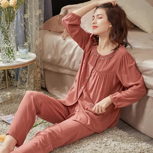 Big yards home clothing woven modal pajama sets for female spring and autumn high quality o-neck cardigan solid women sleepwear