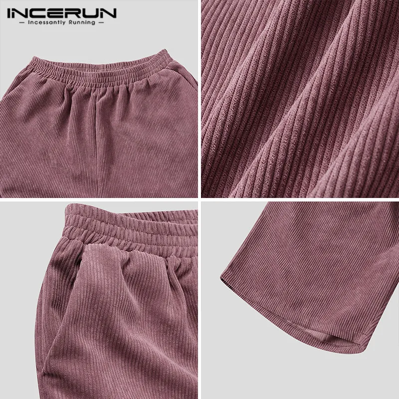 

INCERUN Men Corduroy Shorts Joggers Solid Color Elastic Waist Pockets Casual Men Bottoms 2021 Streetwear Leisure Shorts S-3XL