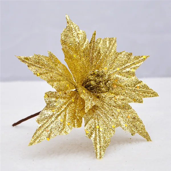 22CM golden 1 15 шт. 14 см/22 см Рождественский цветок со стеблем высокого качества рождественские цветы декоративный искусственный цветок золотые серебряные елки украшения - Цвет: 22CM golden 1