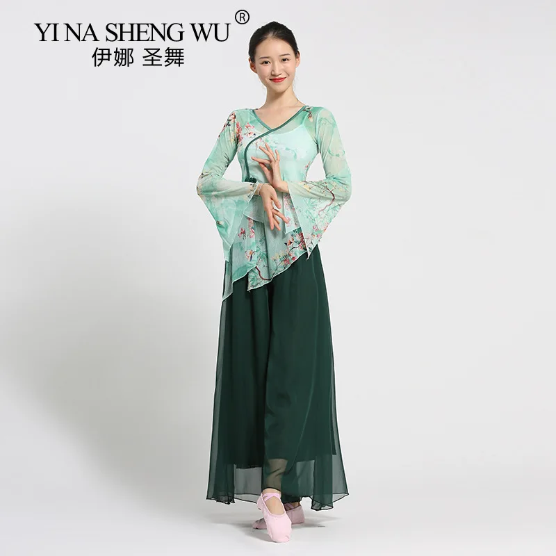 Women Classical Dance Shirt Chinese Traditional Floral Mesh Top Rhyme Gauze Dancer Practice Pants summer Lightweight clothing
