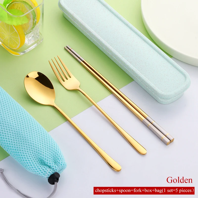 Gold Set 5 шт./компл. 18/8 палочки для еды из нержавеющей стали набор ложка и вилка портативный набор посуды с коробкой набор столовых приборов для путешествий кухонная посуда - Цвет: Gold Set
