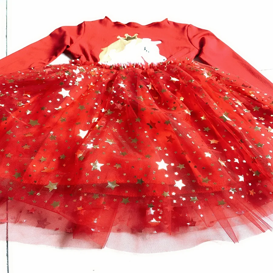 Baby Girl Cute Unicorn Dresses Autumn Long Sleeve Knitted Girls Dress Christmas Party Star Mesh Princess Children Clothing | Детская
