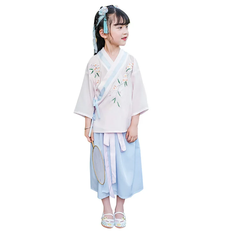 

Girls Hanfu Costume Children 's Chinese -Style Summer Short-Sleeved Suit Embroidered Guzheng Performance Clothing cosply