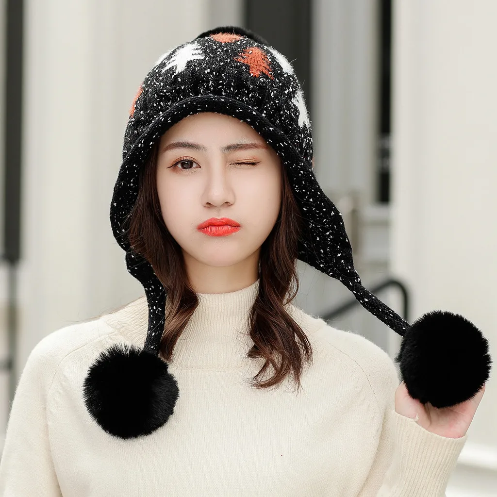 Женская зимняя теплая Кепка с листьями 3 Шара мешковатая вязанная шапочка Лыжная