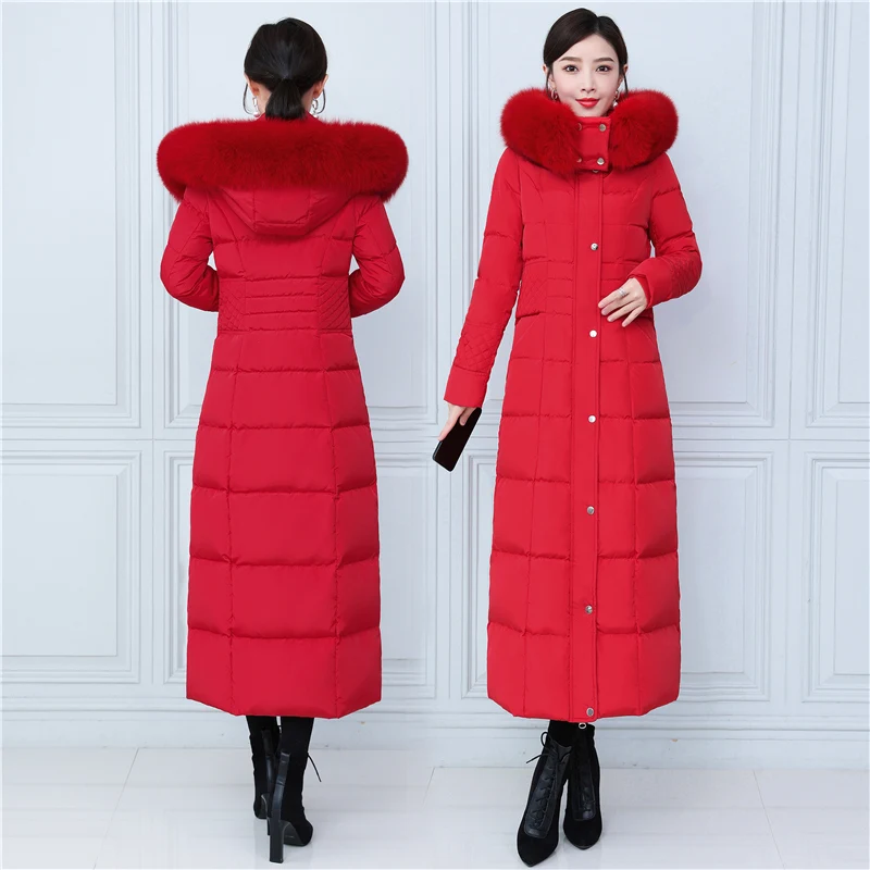 

4XL Fit -30℃ Winter 125cm Super Longer Duck Down Coats Female Thicker Warm Fur Coats Large Real Fox Fur Hooded Parkas wy372