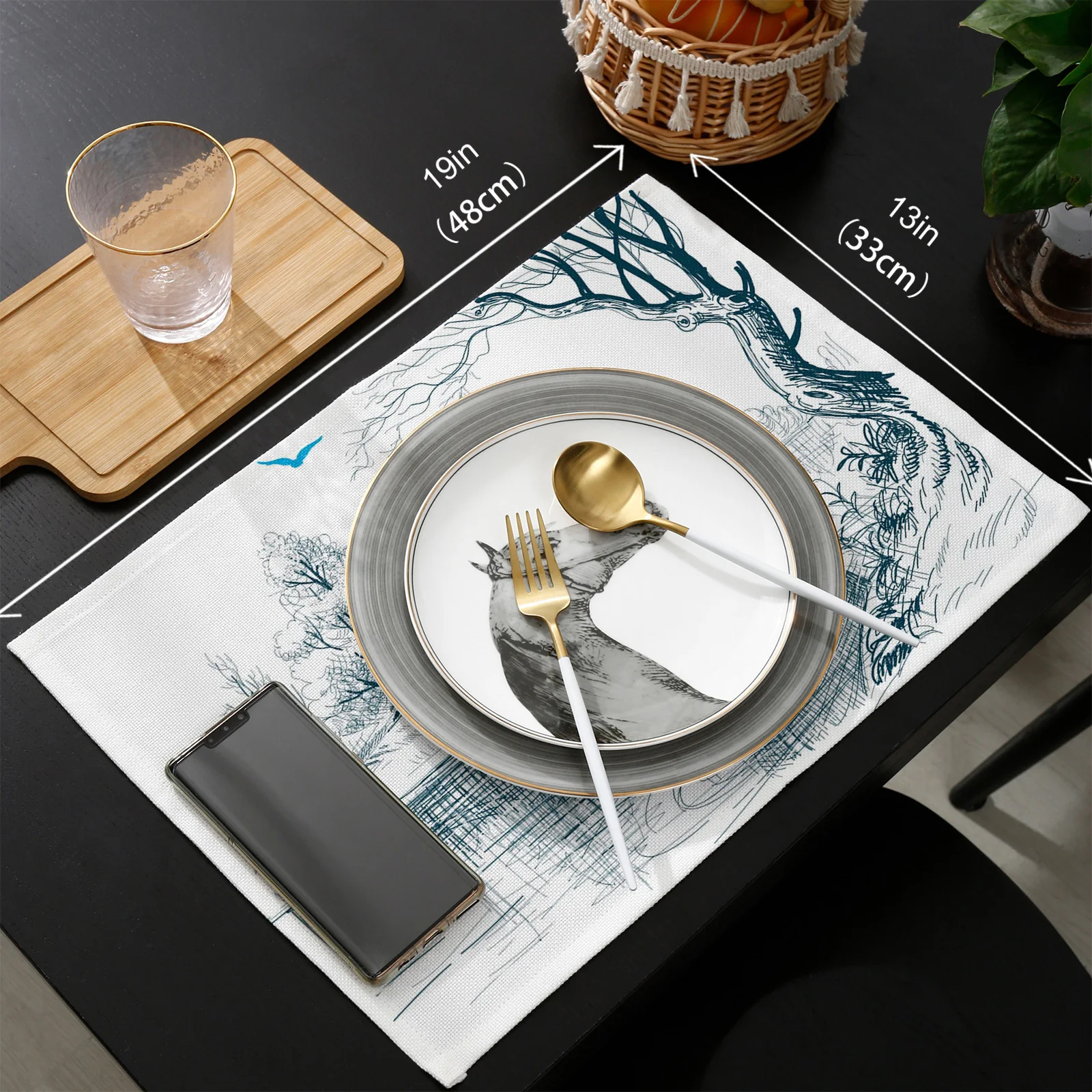 

Riverside Boat Tree Flying Bird Illustration Table Runners and Placemats Set Hotel Wedding Table Decoration Table Runner Luxury