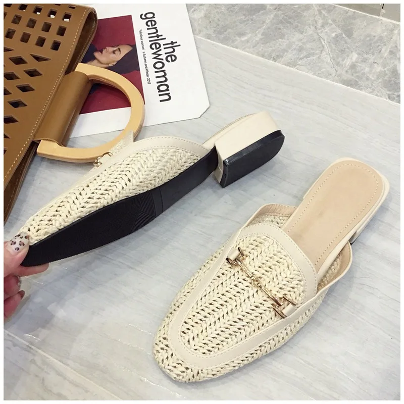 New Fashion Women Mules Slipper Low Heel Slip On Slide Sandals Cane Woven Beach Summer Slippers Flat Sandals