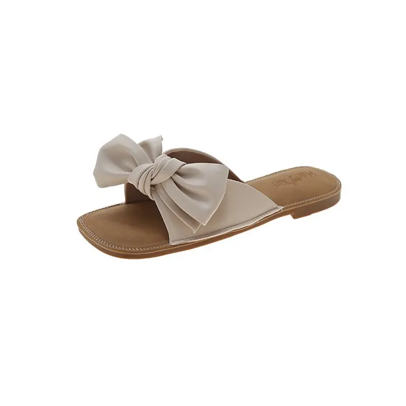 

Low Slippers Casual Beach Shoes Butterfly-Knot Slides Slipers Women Luxury Sabot 2021 Flat Fashion Fabric PU Rubber Beach Shoes