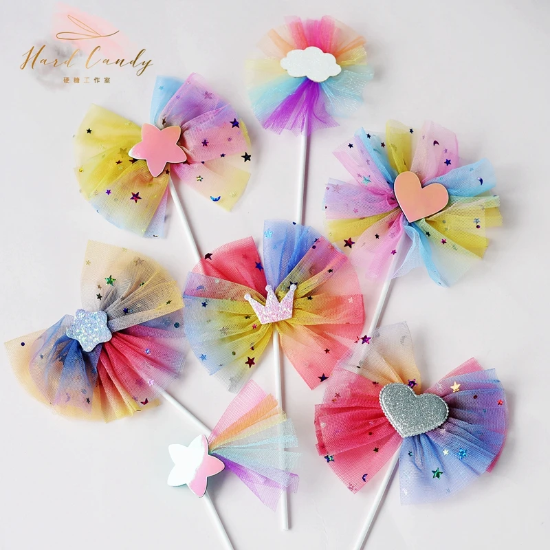 Maille paillettes Etoiles couronne gâteau Topper Laser amour coeur licorne joyeux anniversaire Decor pour enfant flecte de mariage|Товары