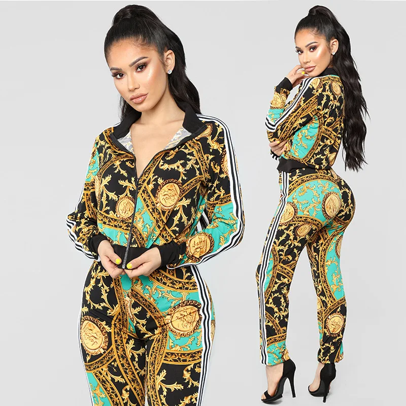 

2019 Women autumn Fashion Printed fashion casual sport suit two-piece set Tracksuits Sweatshirt striped panel tracksuit factory