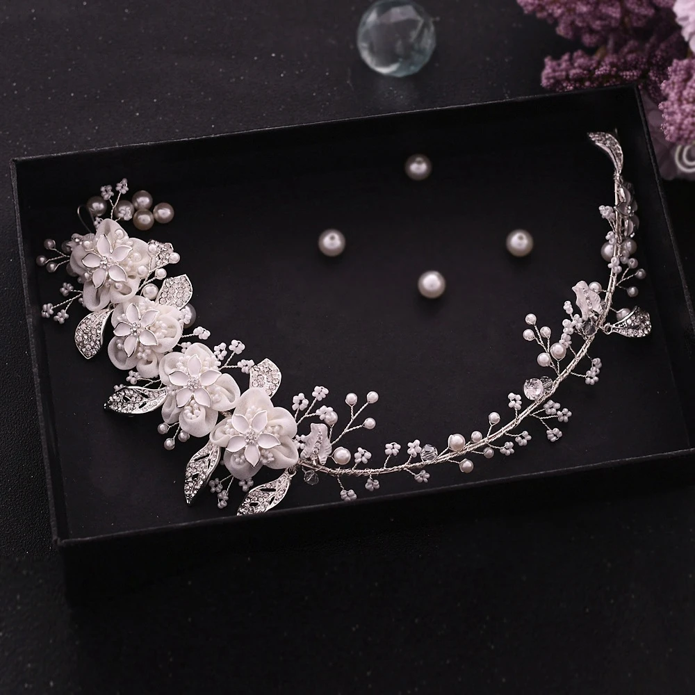 SLBRIDAL Handmade Silver Color Crystal Rhinestones Pearls Flower Leaf Wedding Headband Bridal Hair Accessories Women Jewelry | Украшения и