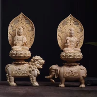cypress wood 36cm manjushri samantabhadra bodhisattva figure sculpture riding elephant lion buddha statue home decor
