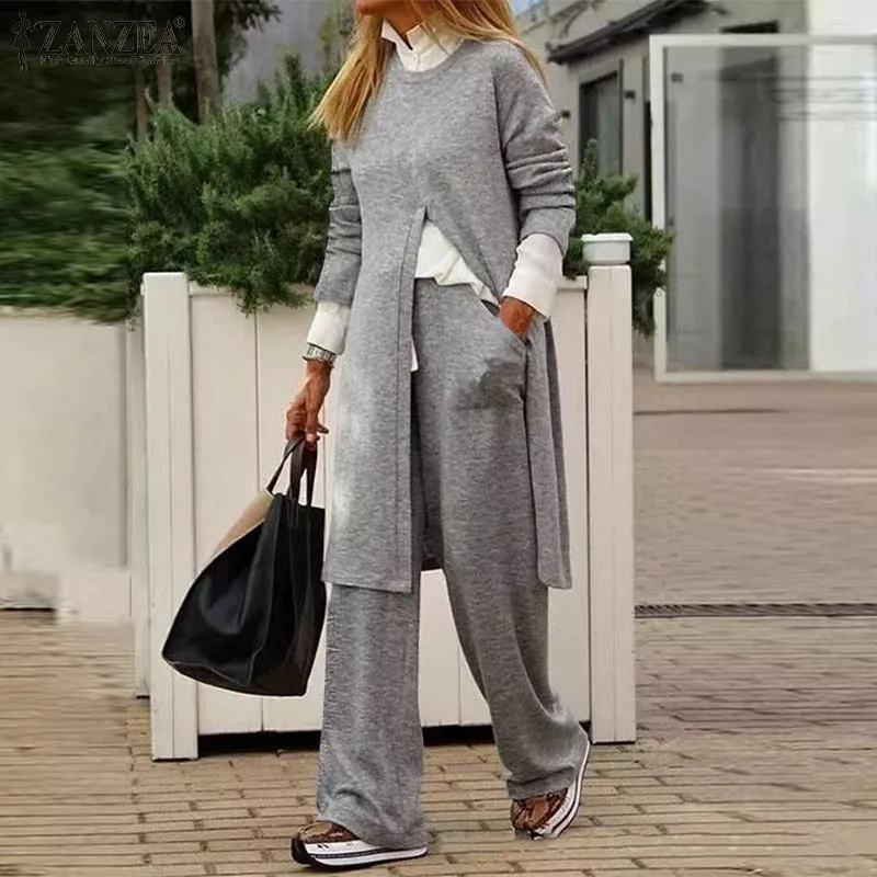 

ZANZEA Elegant Women Casual Street Pant Suits Autumn Solid Matching Sets Femme Long Sleeve O-Neck Top Wide-Legging Trouser 2PCS