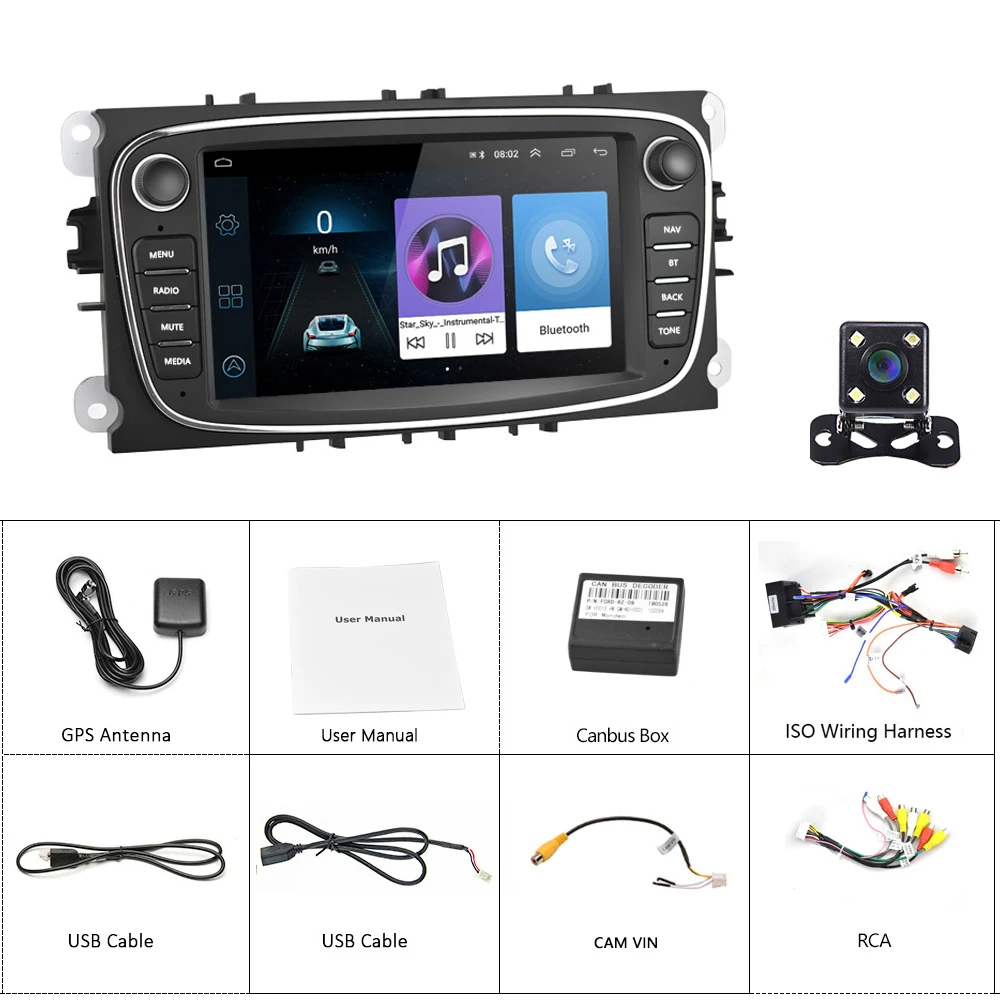 Camecho 2 din " Android 8,1 автомобильный Радио gps мультимедийный плеер gps Navi для Ford Focus EXI MT 2 3 Mk2/Mondeo/S-MAX/C-MAX/Galaxy - Цвет: Black With 4 LED