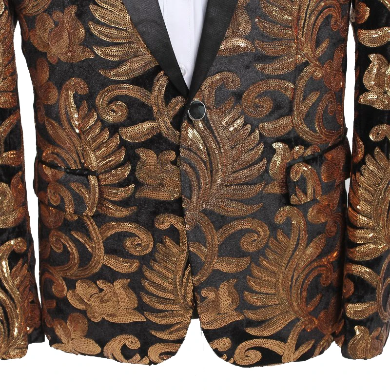 Мужской блейзер с лацканами черный бархатный золотыми цветами и блестками