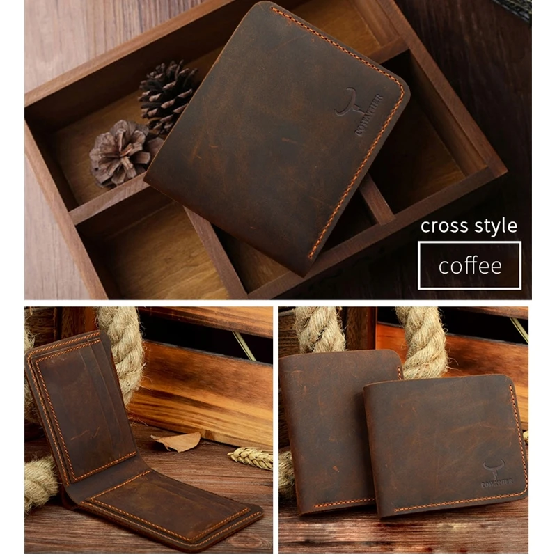 Cowather crazy horse кожа мужчины кошельки vintage подлинная кошелек кожаный для мужчин ковбой верхняя кожа тонкий поставить