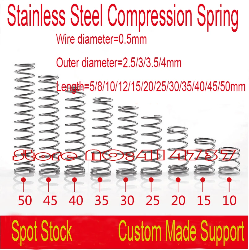 40pcs 0.5mm Wire OD 2.5/3/3.5/4mm Stainless Steel Spot Spring Precision Spring Micro Spring Compression Spring Length 5--50mm