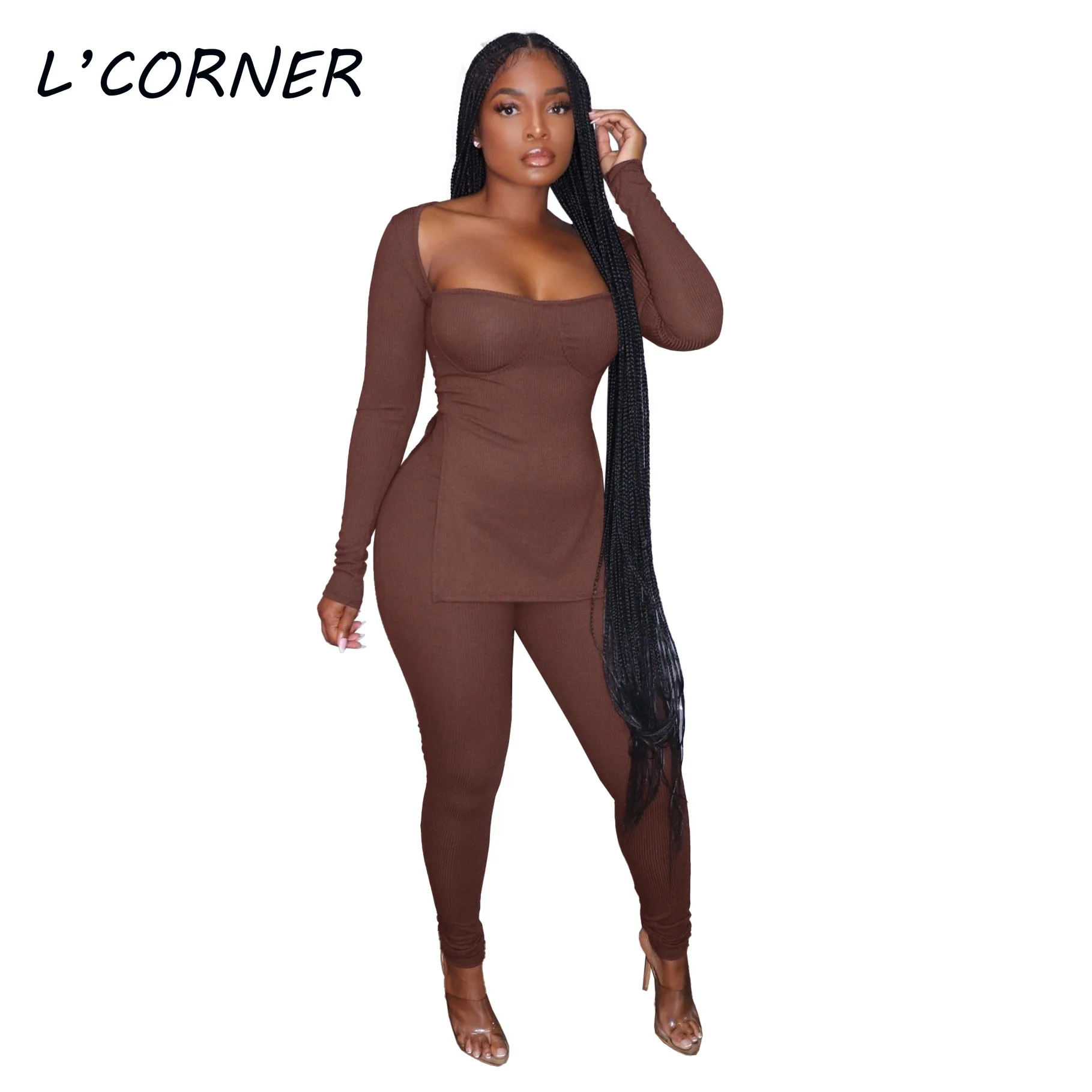 Women OutfitsTwo Piece Sets Sexy Square Neck Knitted Split Hem Sweater +pencil Pants 2pcs Office Lady Suits |