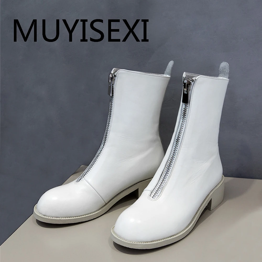 Женские ботинки из натуральной кожи на молнии спереди низком толстом каблуке