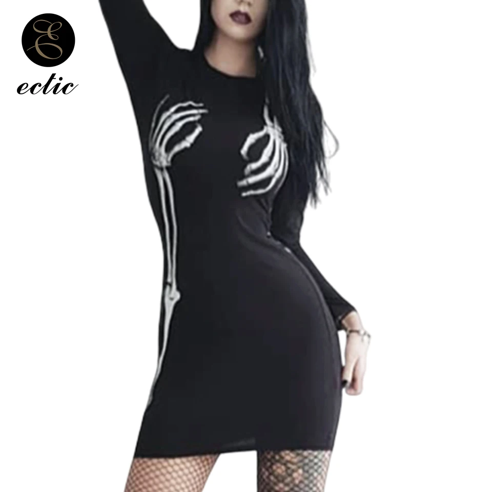 Скелет Кости Рука Принт Грудь Платье Эластичный Темный Модный Одежда Харадзюку