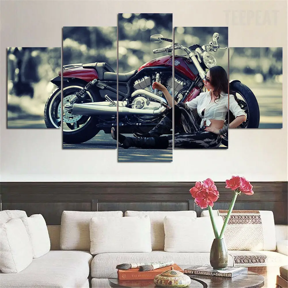 Без рамки 5 панель мотоцикл азиатская девушка шт. Печать на холсте стены