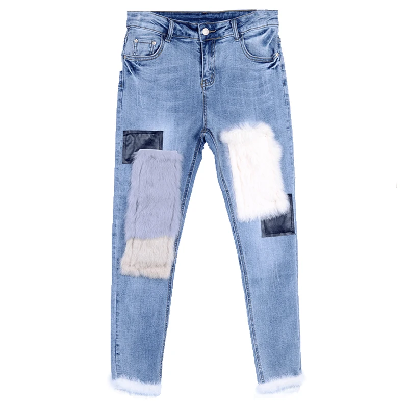 

2020 Jeans Woman Hot Sale New Arrival Cotton Stripe Pencil Pants For Women Rabbit Fur Stitching Plus Velvet Raw For Edge