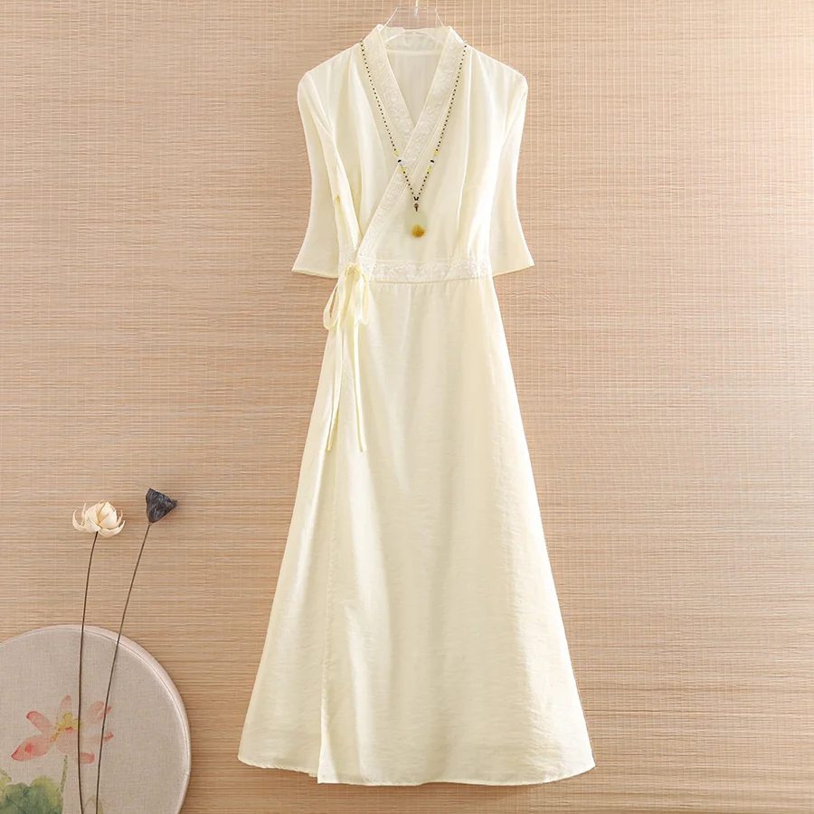 

High-end Summer Women Cotton Tencel Belt Hanfu Dress Retro Elegant Embroidery Lady A-line Party Dress S-XXL
