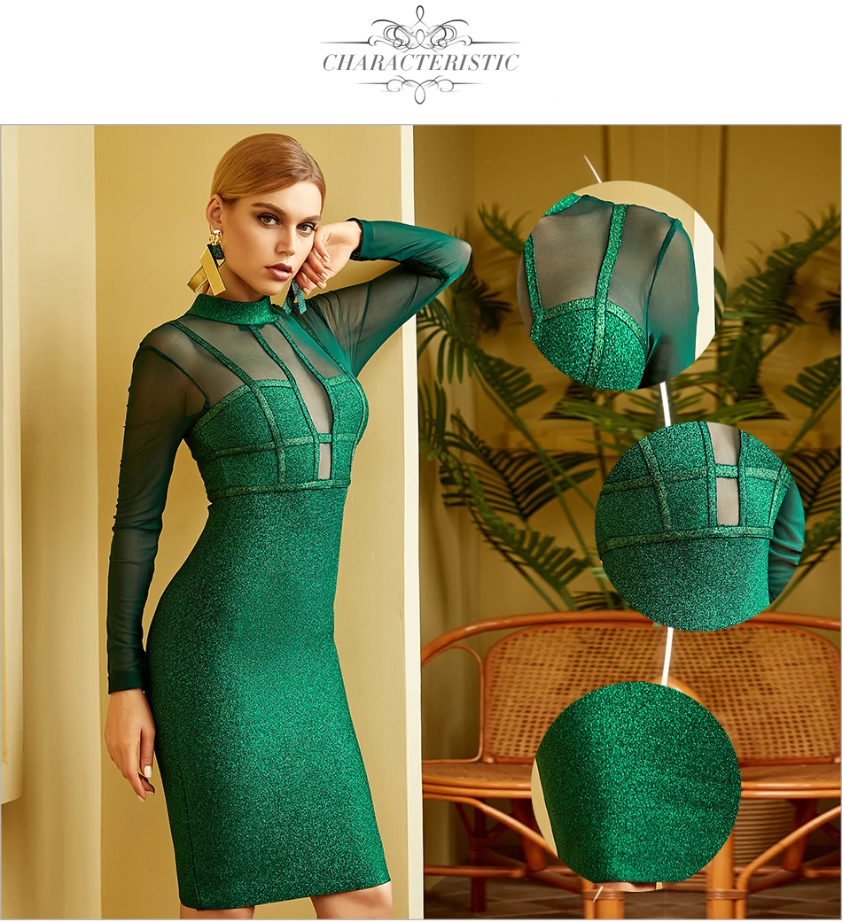 

Lftassoat New Winter Women Green Long Sleeve Bandage Dress Sexy Lace Hollow Out Midi Club Celebrity Evening Runway Party Dress