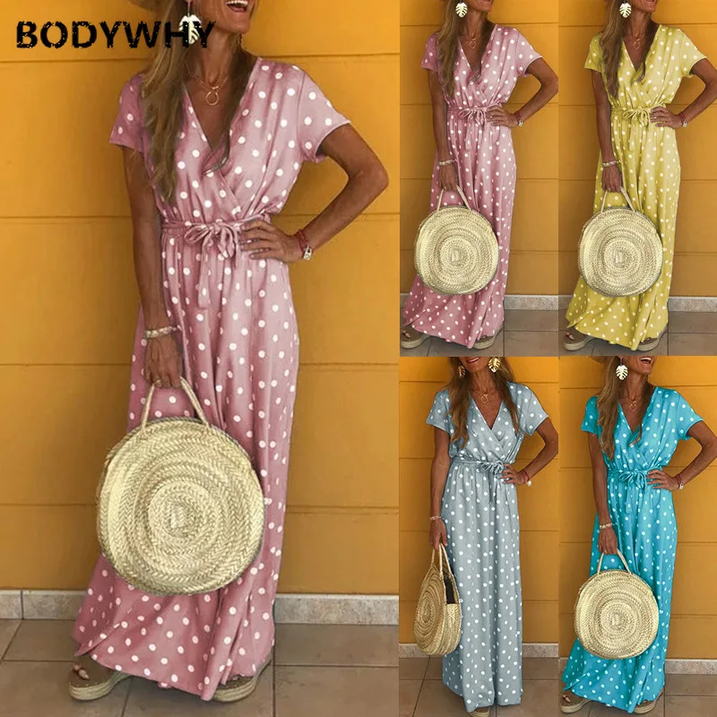 

Sexy V Collar Polka Dot Long Dress Europe and America New Style WOMEN'S Dress Hot Selling Ankle-Length Regular Natural