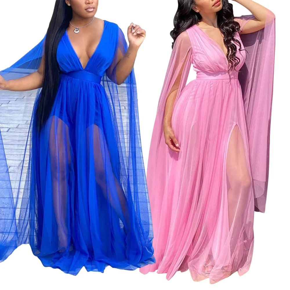 

Gretchen Solid Cloak Sleeves Women Dress Fashion Sexy Casual V-neck Perspective Mesh Super Fairy Lady Style Large Dress