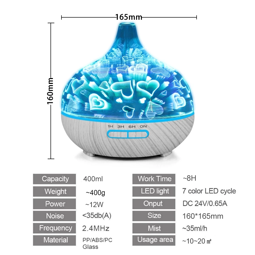 

400ml Ultrasonic 3D Glass Essential Oil Aroma Difffuser Love Heart Aromatherapy With 7 Optional Color LED Quiet Humidifier