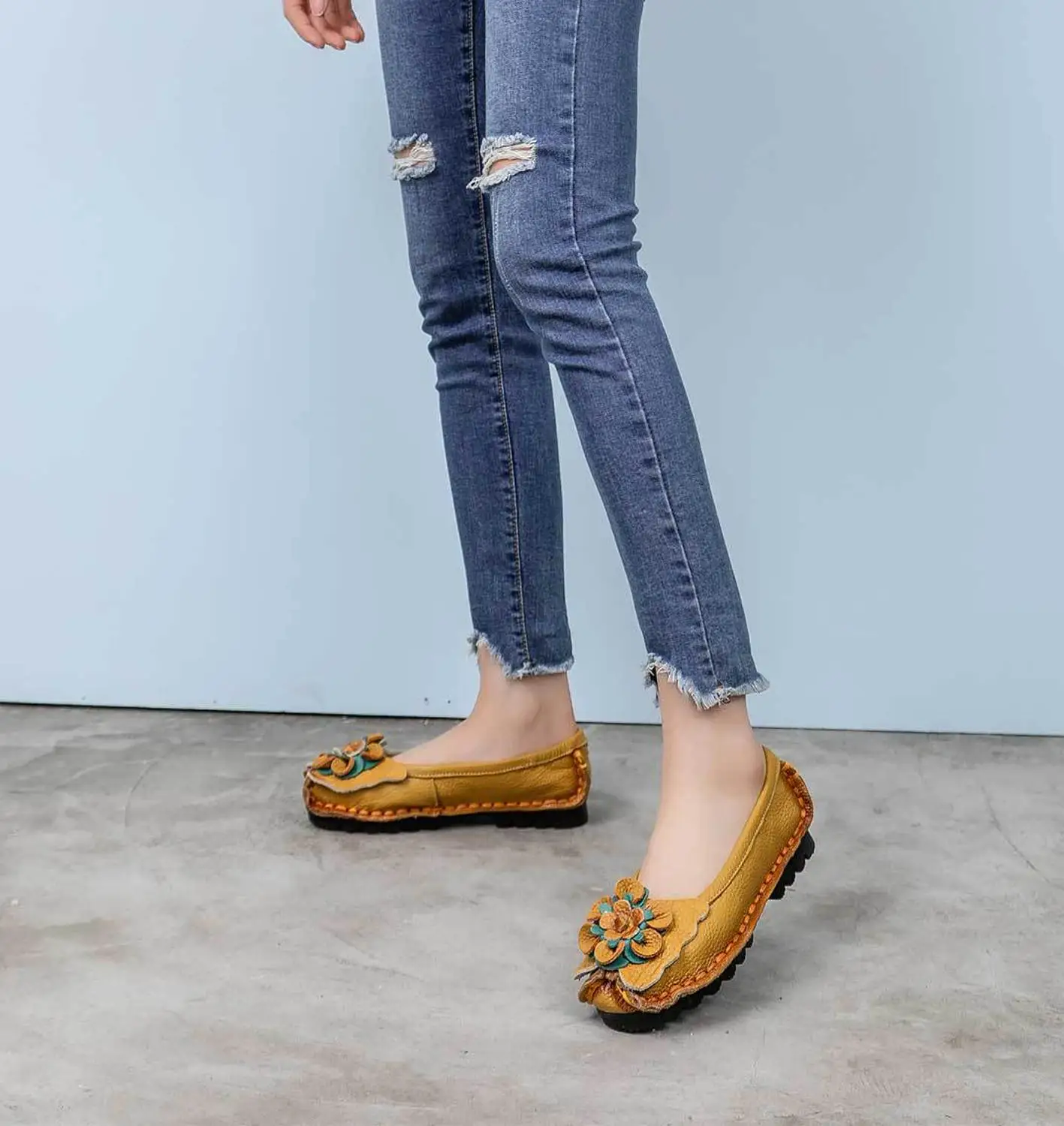 Classic Fashion Women's Flat Shoes Woman Genuine Leather Soft folk-custom Outsole Comfortable Casual Shoes Women Flats