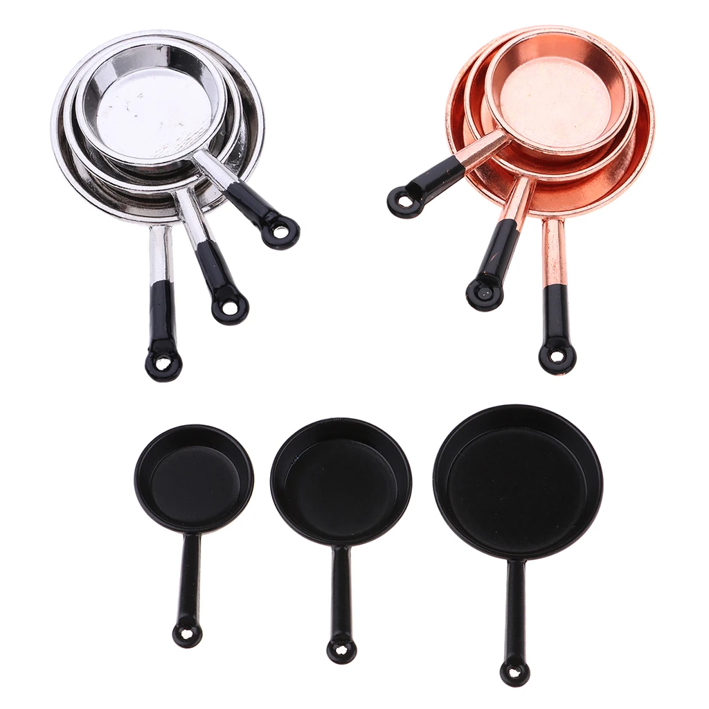 

1/12 Miniature Cooking Pan Pot Dollhouse Kitchen Accessories - Kids Toy Mini Doll House Kitchen Cookware Utensil 3 Pieces